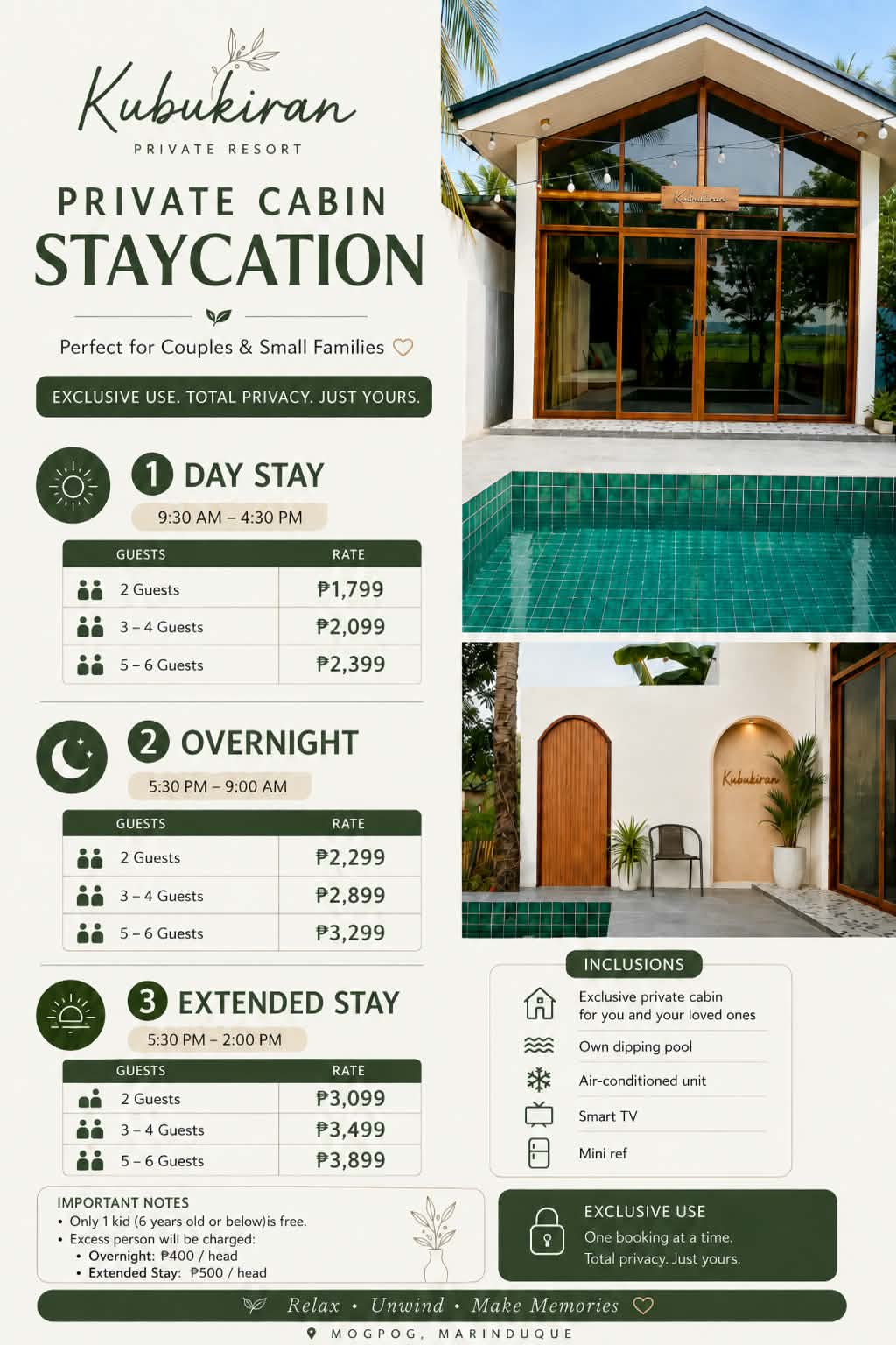 Private cabin daytime, overnight, and extended stay rates and inclusions