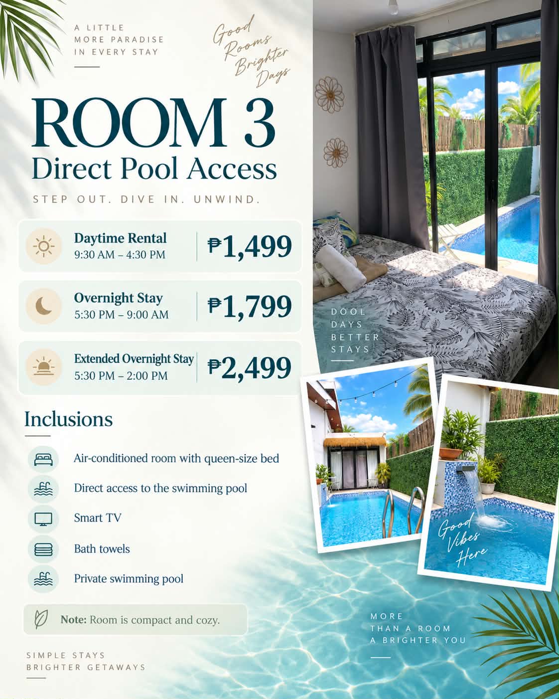 Room 3 rates, schedules, amenities, and direct pool access